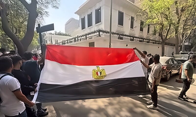 بعلم مصر ولا للإرهاب.. تزايد المشاركين فى الوقفة الاحتجاجية أمام السفارة الهولندية