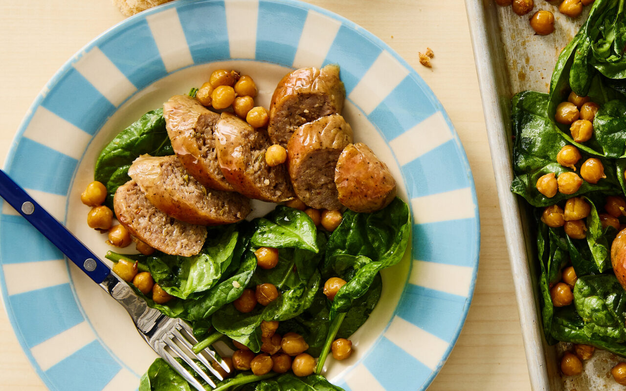 My Dead-Simple Roasted Sausages With Chickpeas and Spinach