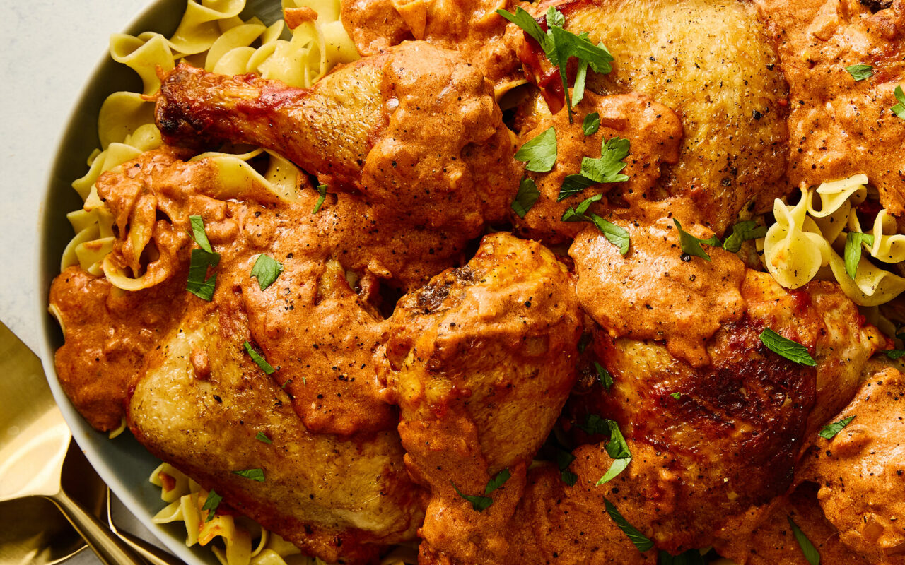 Chicken Paprikash, Generously Buttered Egg Noodles and a Cucumber Salad