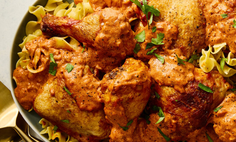 Chicken Paprikash, Generously Buttered Egg Noodles and a Cucumber Salad