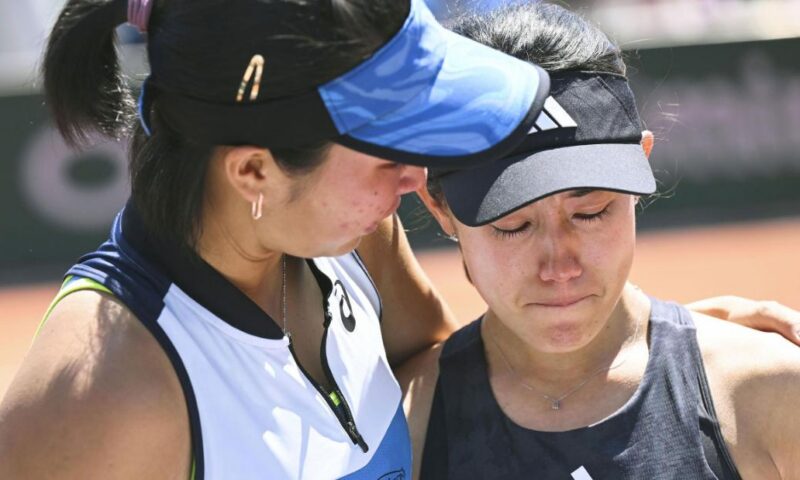 Tennis star in tears as she struggles to answer questions about disqualification