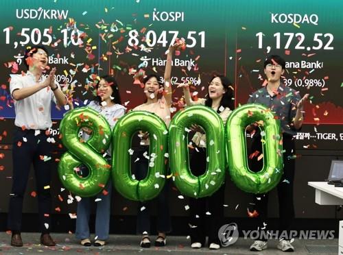 (News Focus) KOSPI finishes above record-breaking 8,000-point level buoyed by U.S.-Iran peace deal prospects