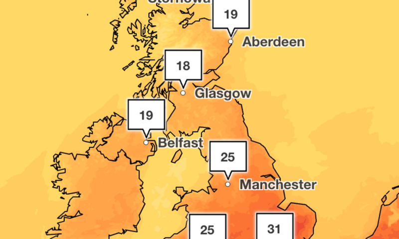 Mapped: Where temperatures could hit 33C in this week’s heatwave