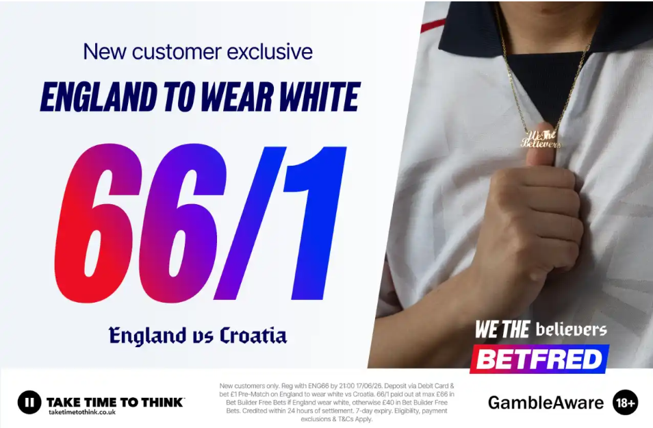 World Cup 2026: Get 66/1 for England to wear white against Croatia with Betfred