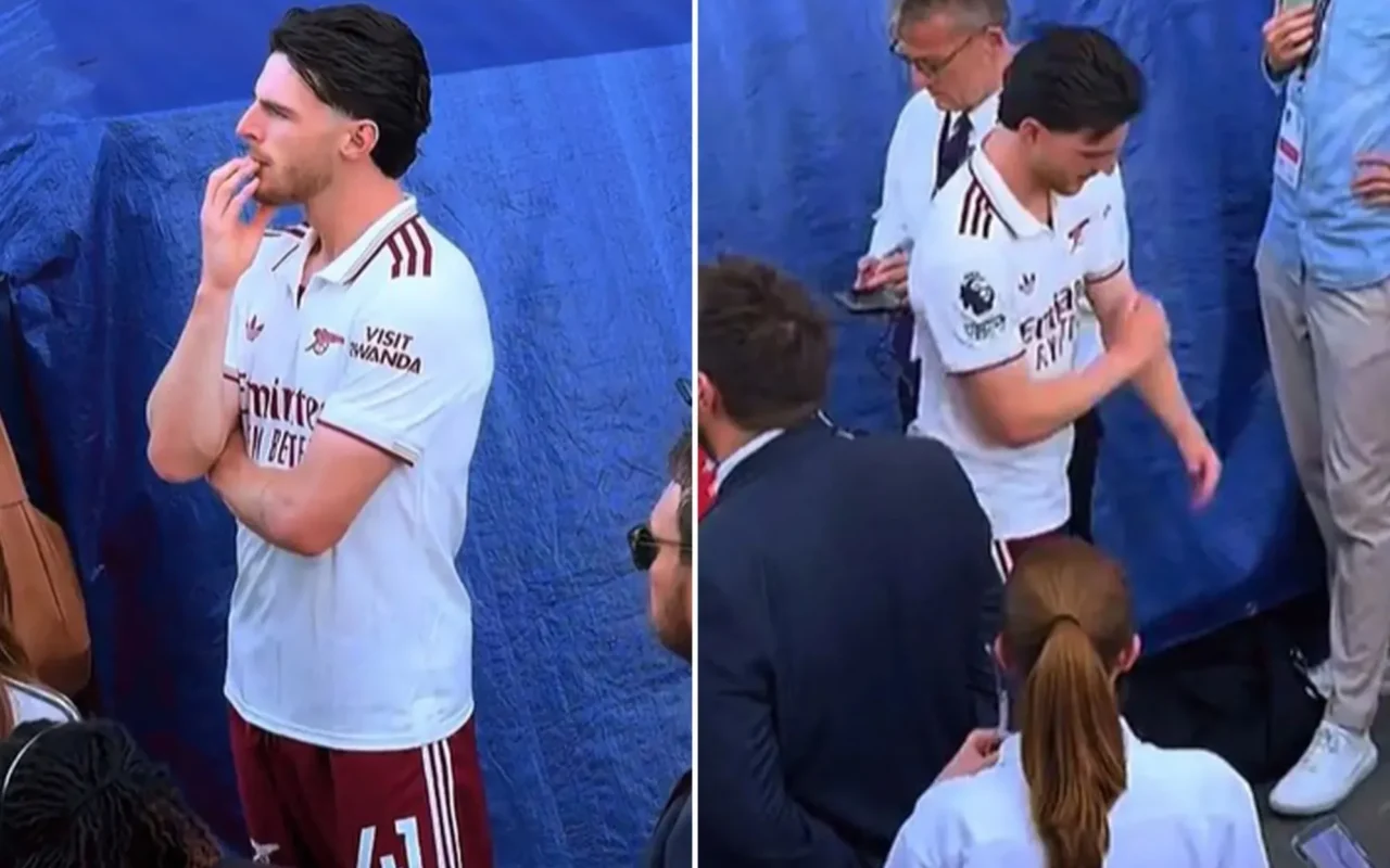 Declan Rice visibly upset as Arsenal star steps away from title celebrations to watch West Ham’s relegation