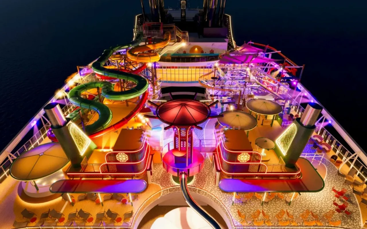 Major cruise ship reveals new ‘open air’ theme park with overwater swings, waterslides and kid clubs