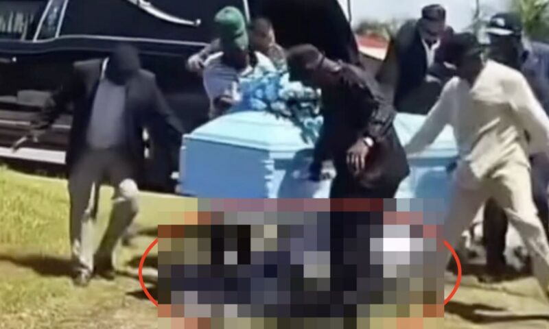 Horror moment dead body FALLS out of coffin as it’s carried to funeral by pallbearers in front of stunned mourners