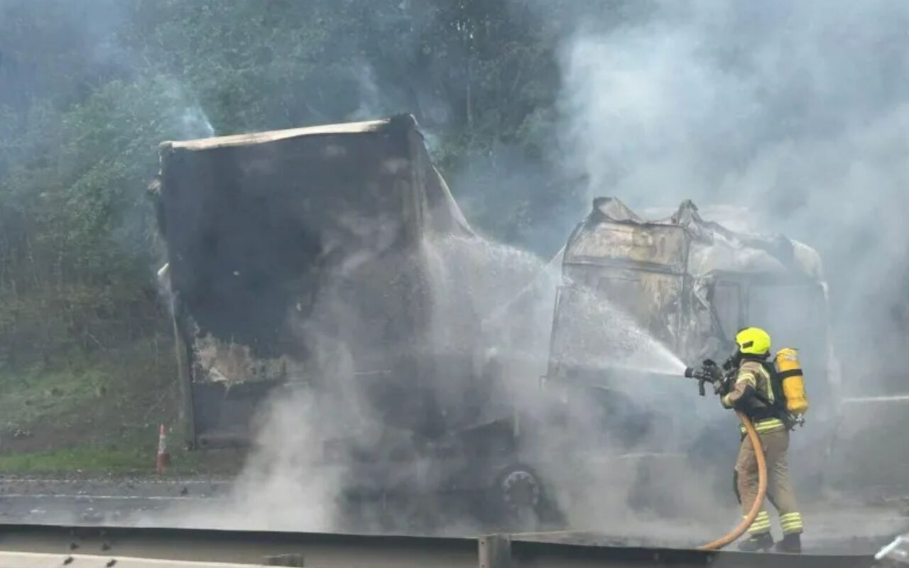 Major motorway closes as lorry is gutted by fire after ‘serious’ multiple vehicle crash as firefighters race to scene