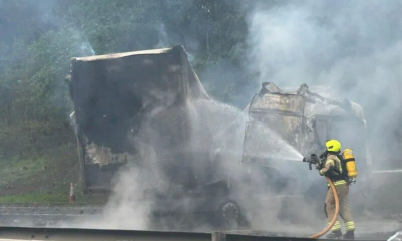 Major motorway closes as lorry is gutted by fire after ‘serious’ multiple vehicle crash as firefighters race to scene