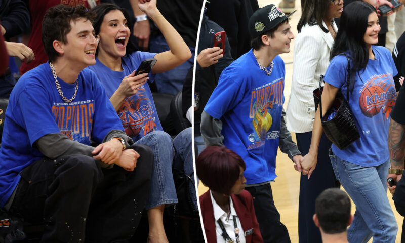 Kylie Jenner and Timothée Chalamet cheer Knicks to victory in matching vintage merch