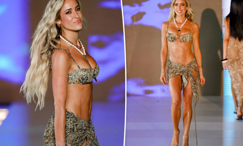 Kristin Cavallari hits the runway during Miami Swim Week in a snakeskin bikini and heels