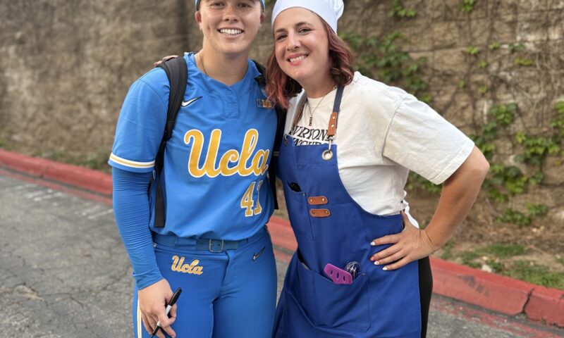 UCLA slugger Megan Grant’s super fan gets cooking with creative outfit