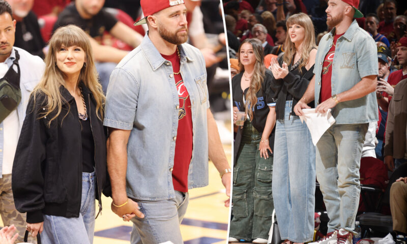 Taylor Swift and Travis Kelce don his-and-hers denim for courtside date at Cavaliers vs. Knicks game