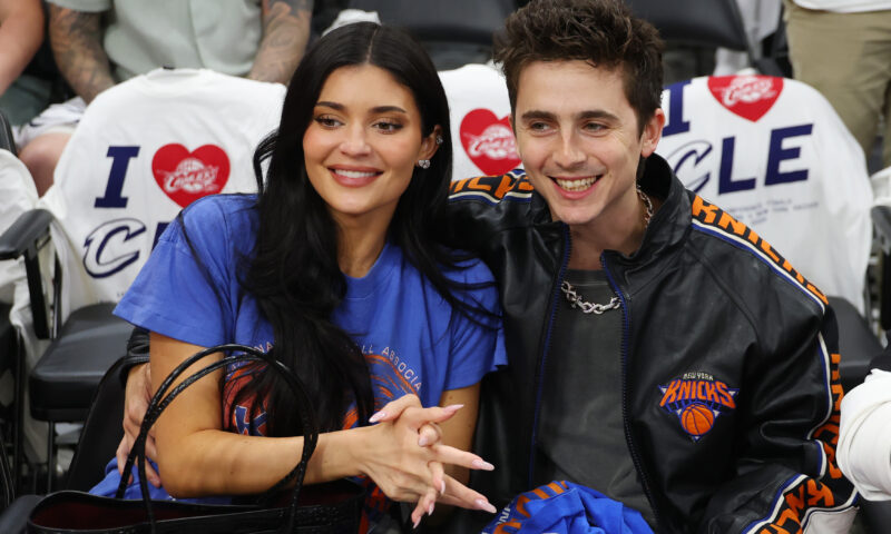 Kylie Jenner and Timothée Chalamet cheer Knicks to victory in matching vintage merch