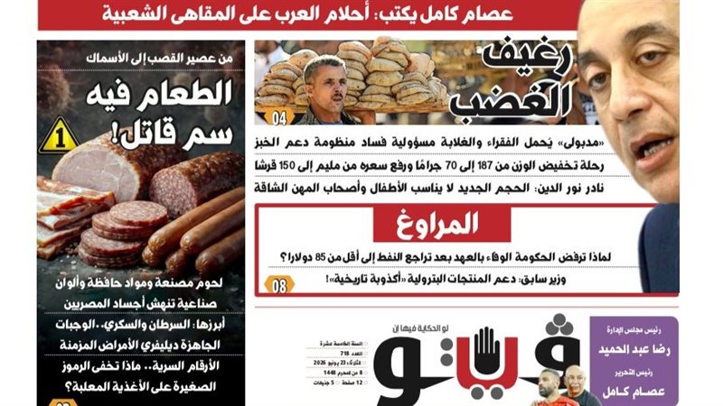 العدد (718) من «فيتو» وأبرز عناوينه: رغيف الغضب «مدبولى» يُحمل الفقراء والغلابة مسؤولية فساد منظومة دعم الخبز