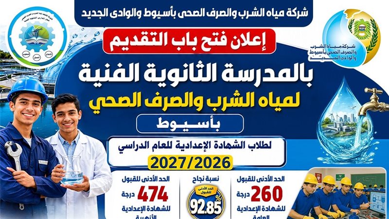 فتح التقديم الإلكتروني لدفعة جديدة بالمدرسة الثانوية الفنية لمياه الشرب بأسيوط