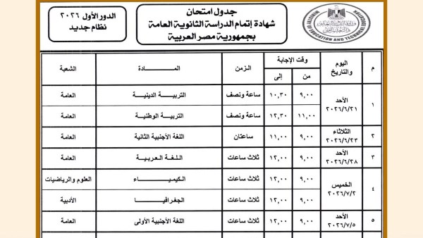 باقي 18 يوم.. ننشر جدول امتحانات الثانوية العامة 2026 لطلاب علمي وأدبي