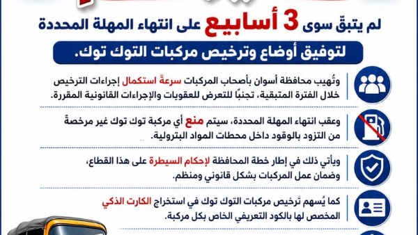 في أسوان.. مهلة أخيرة 3 أسابيع لتوفيق أوضاع وترخيص مركبات التوك توك