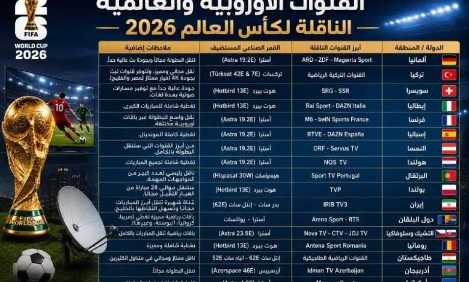 جميع القنوات الناقلة لكأس العالم 2026 .. طرق مشاهدة مباريات المونديال مجانًا وعبر الإنترنت
