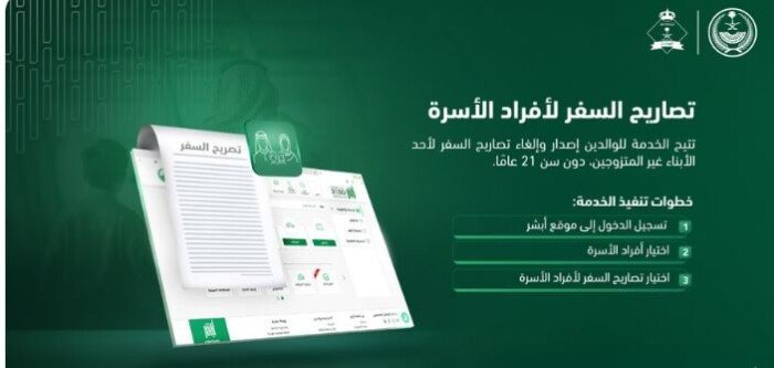 خدمة جديدة من أبشر.. تفاصيل استخراج وإلغاء تصاريح السفر لأفراد الأسرة إلكترونيًا