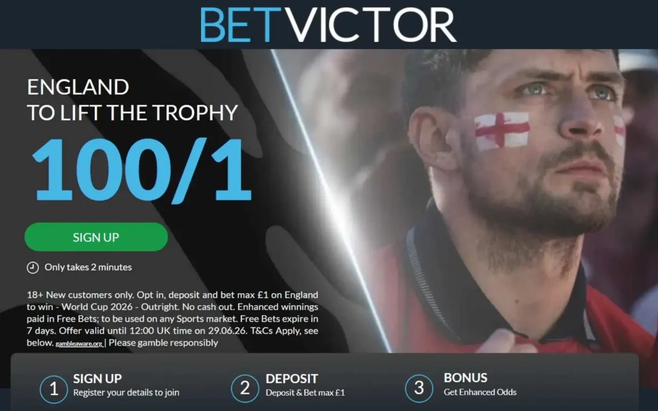 BetVictor 2026 World Cup offer: Get a massive 100/1 on England to win the trophy!