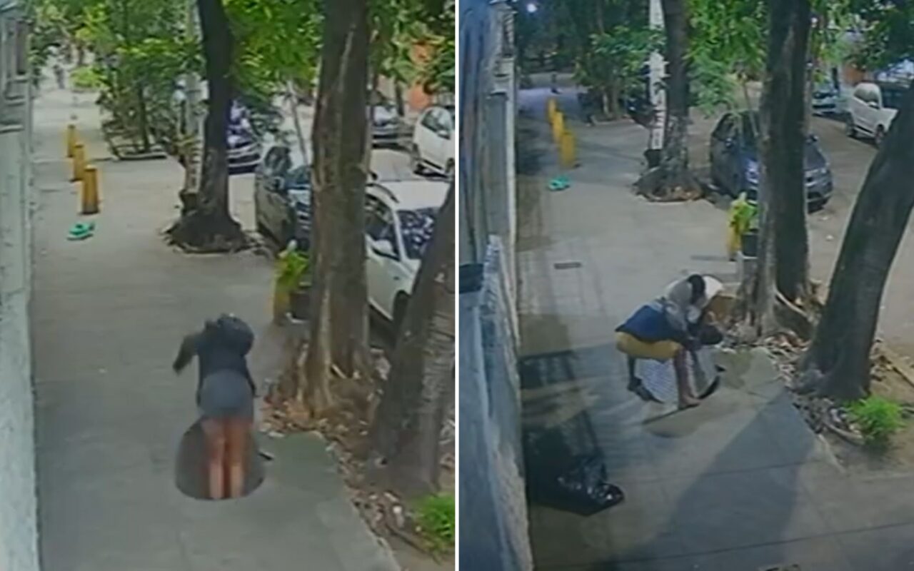 Moment woman, 31, falls down manhole on her way to work just hours after men had ‘tried to steal cover’