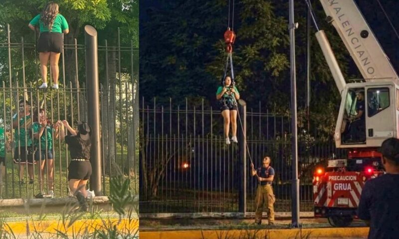 إنزال مشجعة مكسيكية برافعة بعدما علقت فوق سياج منطقة الجماهير