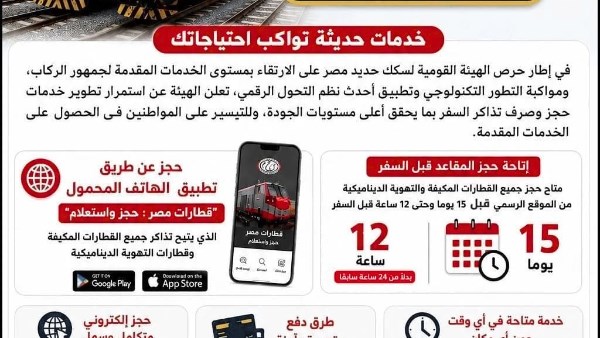 السكة الحديد : اتاحة حجز القطارات المكيفة قبل موعد السفر بـ 15 يومًا