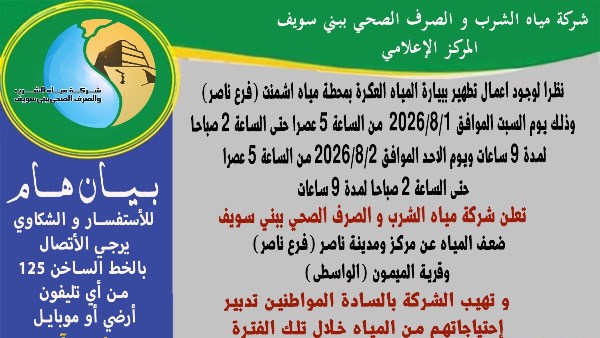 مياه بني سويف:  ضعف المياه عن مركز ومدينة ناصر  وقرية الميمون «الواسطى».. السبت القادم