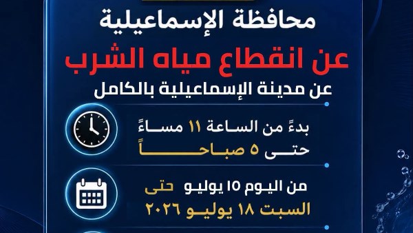 انقطاع المياه عن الإسماعيلية لمدة 6 ساعات حتى السبت المقبل