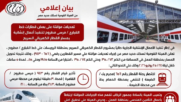 هيئة السكك الحديدية : تعديلات مؤقتة على بعض قطارات خط القبارى / مرسى مطروح لتنفيذ أعمال إنشائية