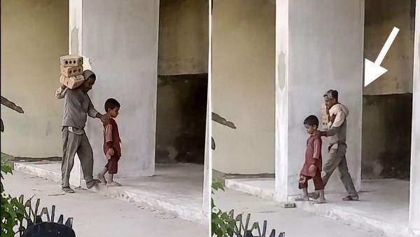 مشهد أثار تعاطف الجميع.. عامل كفيف يحمل الطوب والرمل بمساعدة طفل
