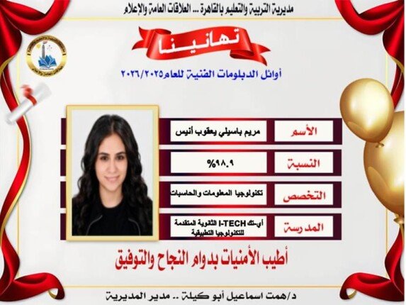 مدير تعليم القاهرة تهنئ أوائل الدبلومات الفنية 2026 وتشيد بدور التعليم الفني في التنمية