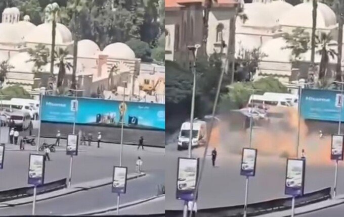 عاجل| لحظة انفجار عبوتين ناسفتين قرب فندق إقامة ماكرون في دمشق