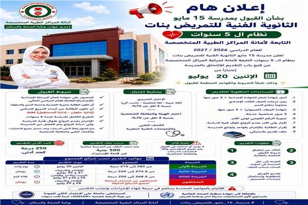 تنسيق مدارس التمريض 2026.. فتح باب التقديم لتمريض مستشفى 15 مايو (نظام الخمس سنوات)