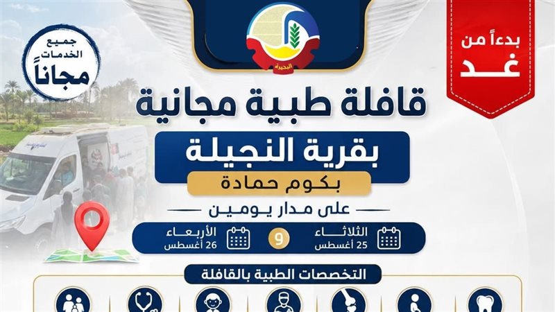 غدا، قافلة طبية مجانية بقرية النجيلة بكوم حمادة