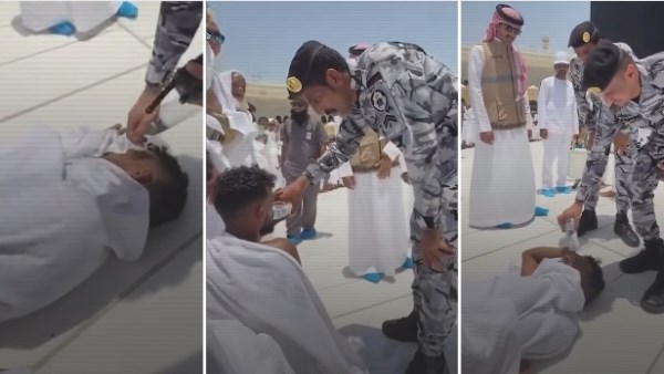 من شدة الحرارة.. سقوط معتمر أمام الكعبة بسبب ضربة شمس.. والأمن يتدخل لإنقاذه