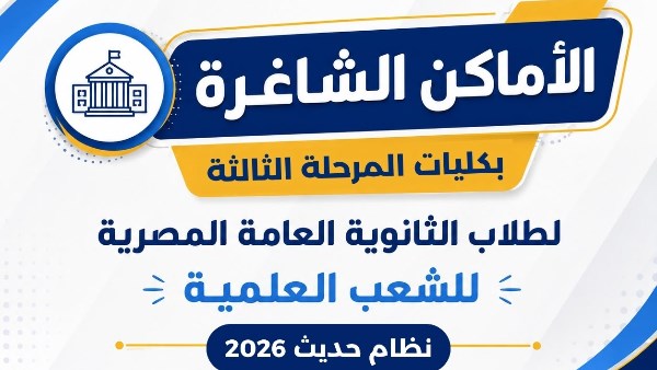 ننشر الأماكن الشاغرة لطلاب المرحلة الثالثة من تنسيق الجامعات 2026 «علمي»