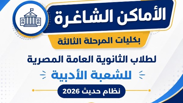 التعليم العالي تعلن عن الأماكن الشاغرة لطلاب المرحلة الثالثة من تنسيق الجامعات 2026 أدبي