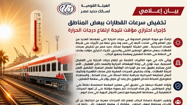 السكة الحديد تعلن تخفيض سرعات القطارات في الوجهين القبلي والبحري بسبب ارتفاع درجات الحرارة