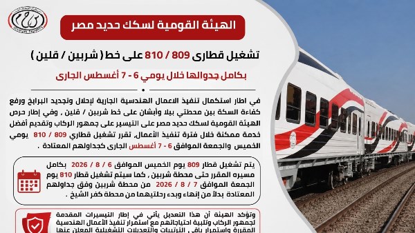 تشغيل قطاري 809 / 810 علي خط( شربين / قلين ) بكامل جداولها خلال يومي 6 – 7 أغسطس الجاري