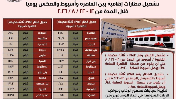 تشغيل قطارات إضافية بين القاهرة وأسيوط والعكس.. اعرف المواعيد