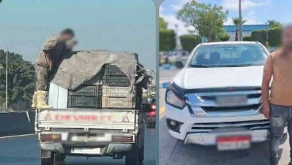 اعتلى الصندوق الخلفي.. القبض على سائق سمح لشخص بالجلوس فوق السيارة