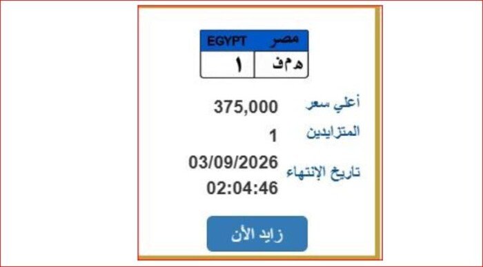 وصل سعرها 375 ألف جنيه.. طرح لوحة سيارة مميزة للمزاد عبر بوابة المرور