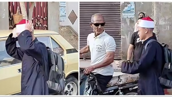 العمامة هيبة ووقار.. أب يرافق نجله إلى المعهد الأزهري في أول أيام الدراسة