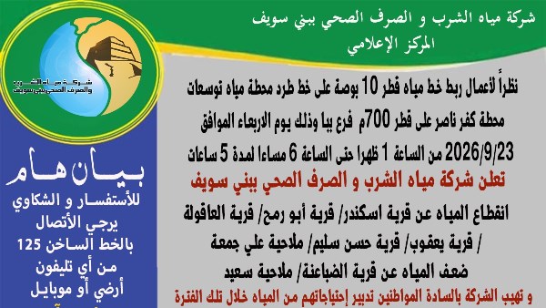 بني سويف.. قطع المياه غدا عن بعض قرى ببا لمدة 5 ساعات