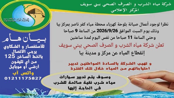 بني سويف : قطع المياه عن مركز ومدينة ببا لهذا السبب