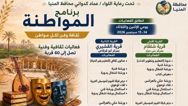 ثقافة وفن .. فعاليات برنامج «المواطنة» تصل إلى شلقام والقشيري بالمنيا