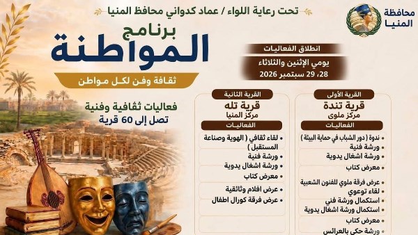 «ثقافة وفن لكل مواطن».. برنامج المواطنة يفتح اليوم نوافذ الإبداع أمام أهالي المنيا