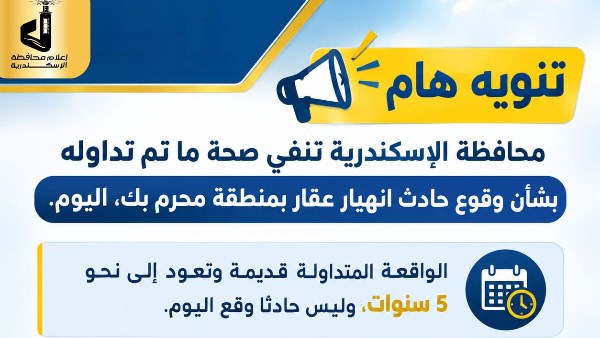 محافظة الإسكندرية تنفي وقوع حادث انهيار عقار بمنطقة محرم بك